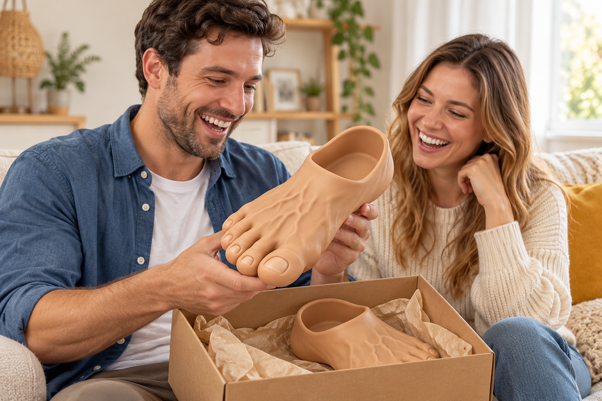 Illustrative lifestyle scene of a couple opening a FootieFlops gift