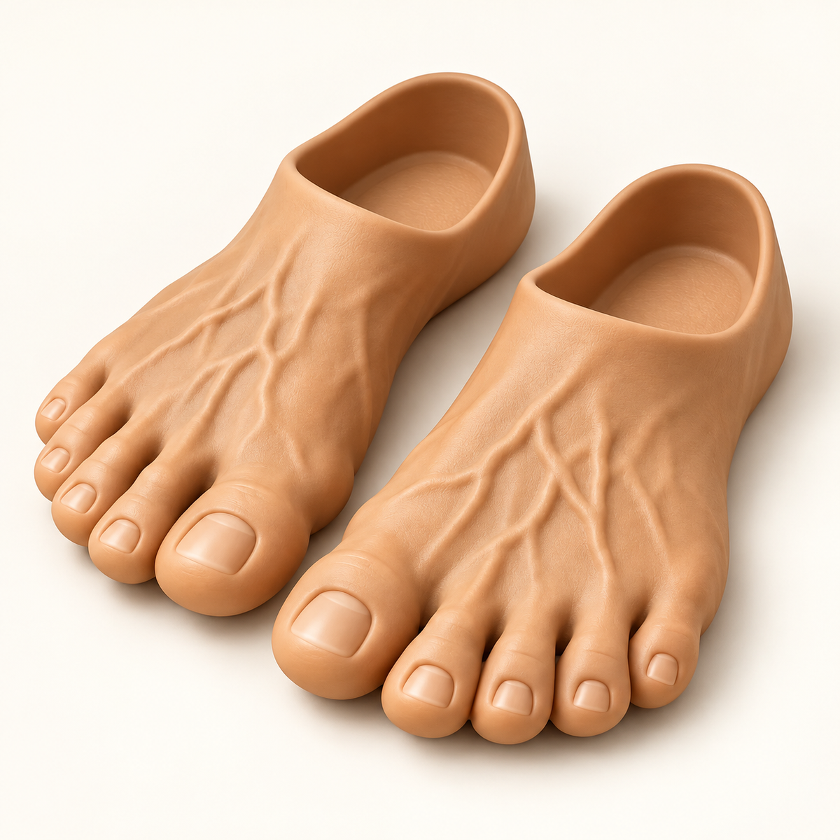 Tan FootieFlops foot-shaped slippers with sculpted toes and raised details